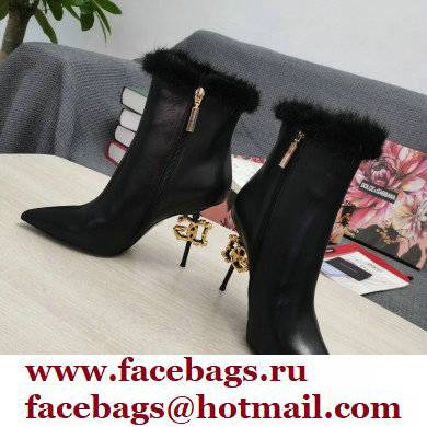 Dolce  &  Gabbana Mink Fur Thin Heel 10.5cm Leather Ankle Boots Black with Baroque DG Heel 2021